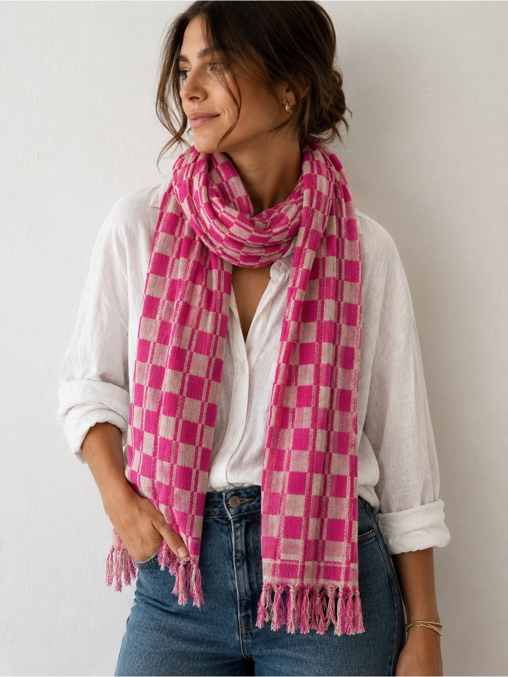 Isabel Marant Étoile Tasma Checked Silk Scarf Pink Cream Fringe Raw Silk